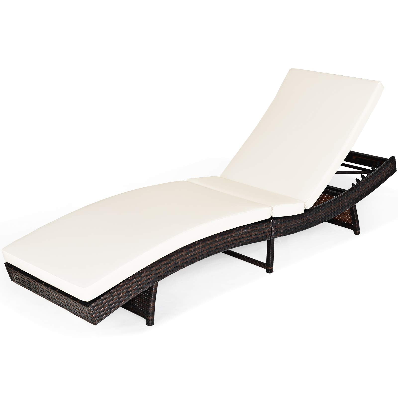 Chaise longue pliante d'extérieur Tangkula, chaise longue de patio en rotin avec coussin épais amovible, 5 niveaux réglables